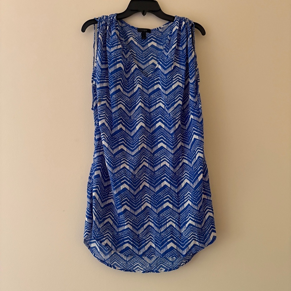 J.Crew L Blue White Chevron Ruched Shoulder Tunic Blouse Relaxed Fit